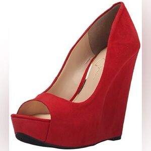 Jessica Simpson Red Suede Peep-Toe Wedges